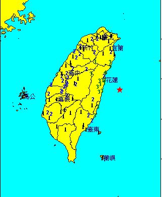 今（2日）早11點39分在花蓮縣政府東南方46.9公里的海域，發生芮氏規模5.5的地震。圖片來源：翻攝自氣象局。   