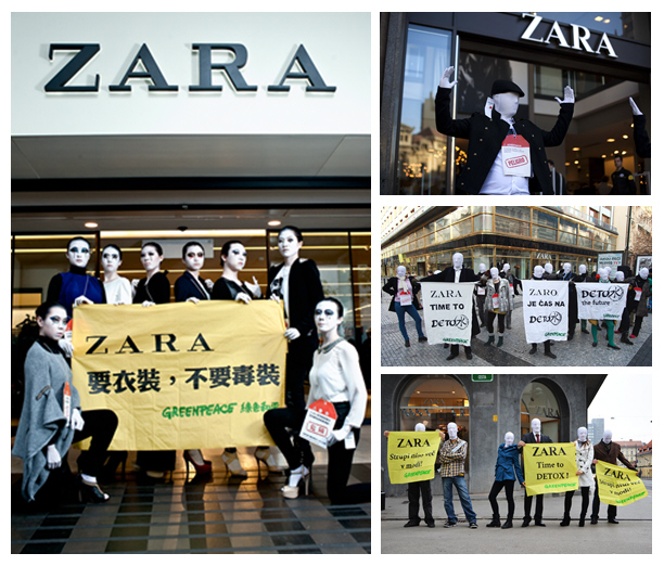 20日綠色和平同全球一起發表時尚品牌服裝殘留有毒物質報告，24日綠色和平動員全球志工走訪ZARA門市，終於讓ZARA的所屬集團公開承諾在生產鏈上去毒。圖片來源：綠色和平組織提供   