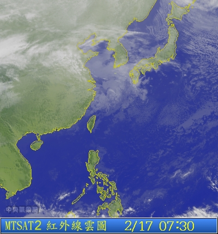 圖為2/17 7:30台灣的衛星雲圖。圖片來源：中央氣象局。   