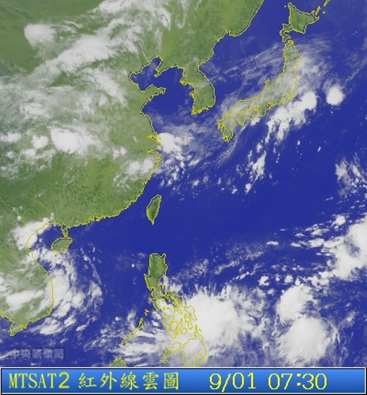 圖為9/01 7:30台灣的衛星雲圖。圖片來源：中央氣象局。   