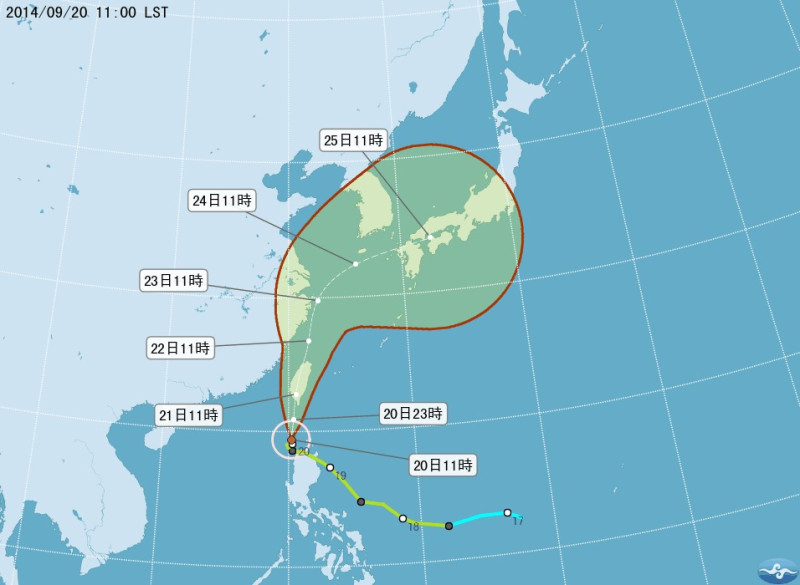 氣象局今(20)日指出，輕度颱風鳳凰行進緩慢，觸地的時間將延至今晚。圖：翻攝自氣象局官網。   