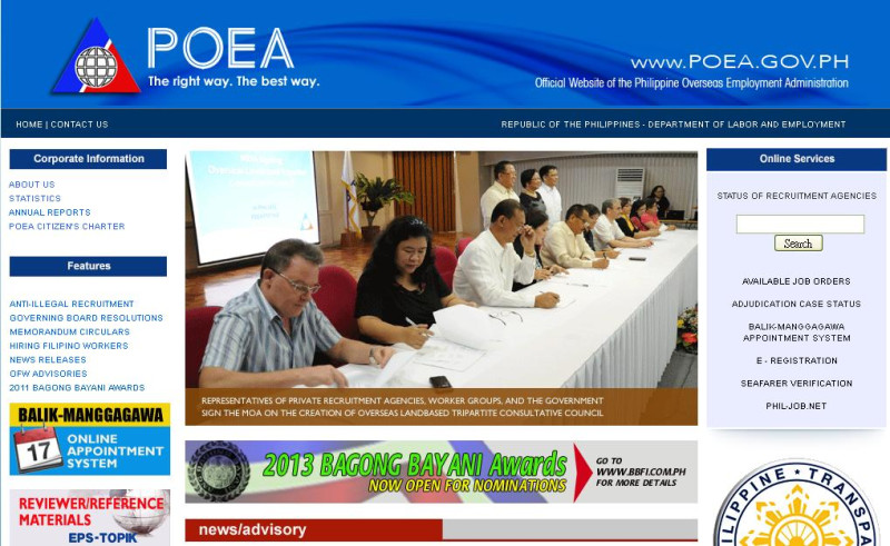 台灣人力仲介業者表示，菲國海外勞工就業署POEA2010年之後，換了一位新總裁，新上任這位很嚴格，很多菲仲到期的執照都沒有核發更新圖：翻攝自菲律賓海外勞工就業署（POEA）官網   