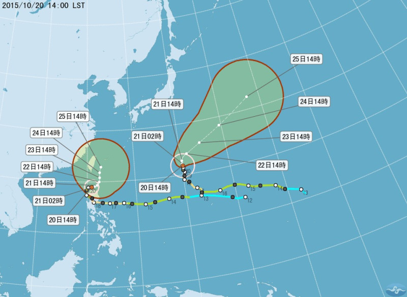 中央氣象局21日指出，巨爵颱風已轉為熱帶性低氣壓，不會發布颱風警報。圖：氣象局提供   