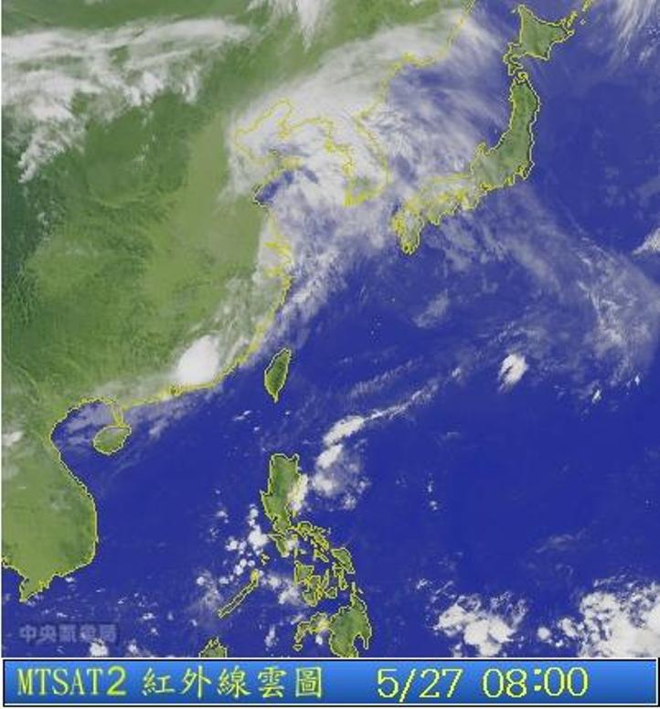 圖為5/27 8:00台灣的衛星雲圖。圖片來源：中央氣象局。   