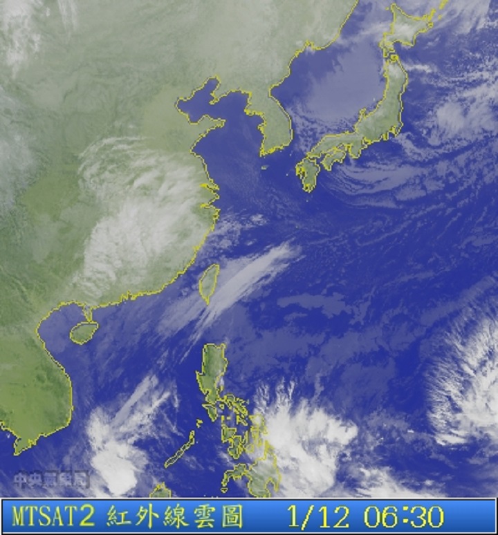 圖為1/12 6:30衛星雲圖。圖片來源：中央氣象局。   