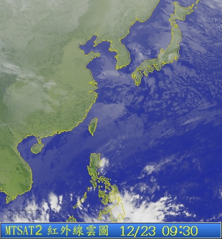 圖為12/23 9:30台灣的衛星雲圖。圖片來源：中央氣象局。   