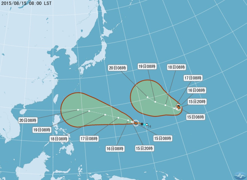 中央氣象局15日表示，原位於關島東方的2個熱帶性低氣壓已於清晨2點發展為今年第15號及第16號颱風，中文譯名分別是「天鵝」及「閃電」。圖：翻攝中央氣象局官網   