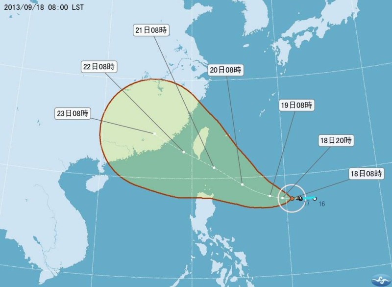 中央氣象局表示，輕度颱風天兔移動緩慢，從昨夜至今(18)日清晨都在原地打轉，不斷補充水氣穩固結構。東半部首當其衝，面臨暴風圈帶來較大雨勢，19日就可能先出現大雨或豪雨。圖：翻攝自中央氣象局網站   