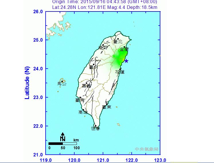 花蓮外海16日凌晨發生多起地震，最大芮氏規模5.6，氣象局表示不排除還有4級以上餘震。圖：翻攝中央氣象局   