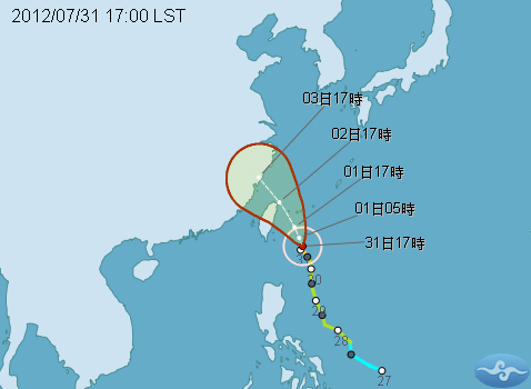 中央氣象局今天晚間表示，中颱蘇拉的行進速度太慢，因此陸上警報將延至晚間8點至10點發布。圖片來源：翻攝自中央氣象局網站。   