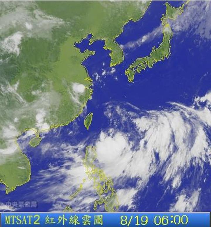 圖為8/19 6:00台灣的衛星雲圖。圖片來源：中央氣象局。   
