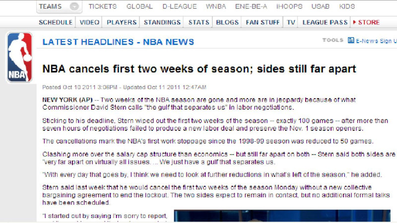 NBA總裁史騰(David Stern)11日已證實，由於目前勞資雙方仍毫無共識，談判陷入僵局，因此2011-2012球季的前兩周賽程將取消。圖片來源：取自NBA官網   