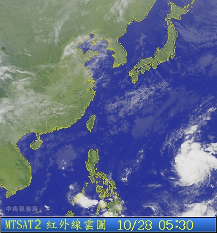 圖為10/28 5:30台灣的衛星雲圖。圖片來源：中央氣象局。   