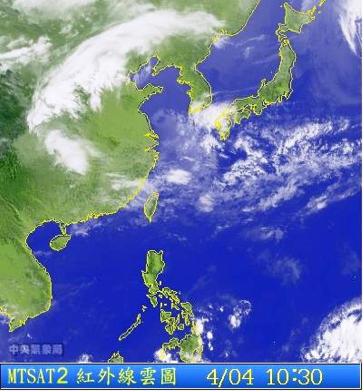 今天是清明連續假期首日，全台天氣不穩定。圖為4/4 10:30台灣的衛星雲圖。圖片來源：中央氣象局。   