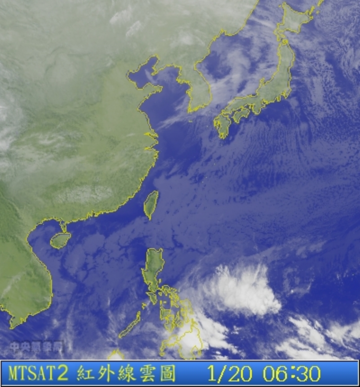 圖為1/20 6:30台灣的衛星雲圖。圖片來源：中央氣象局。   