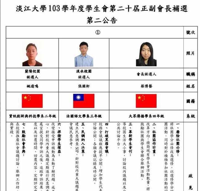 中國籍學生蔡博藝參加學生會選舉，選委會還在公報上標注國籍，引發熱烈討論。翻攝自淡大學生會正副會長補選公告   
