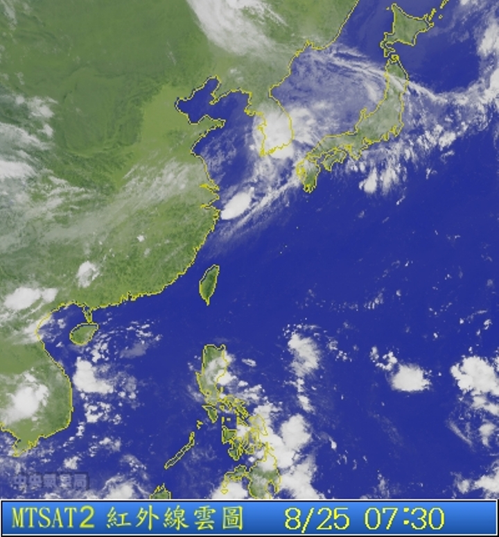 圖為8/25 7:30台灣的衛星雲圖。圖片來源：中央氣象局。   