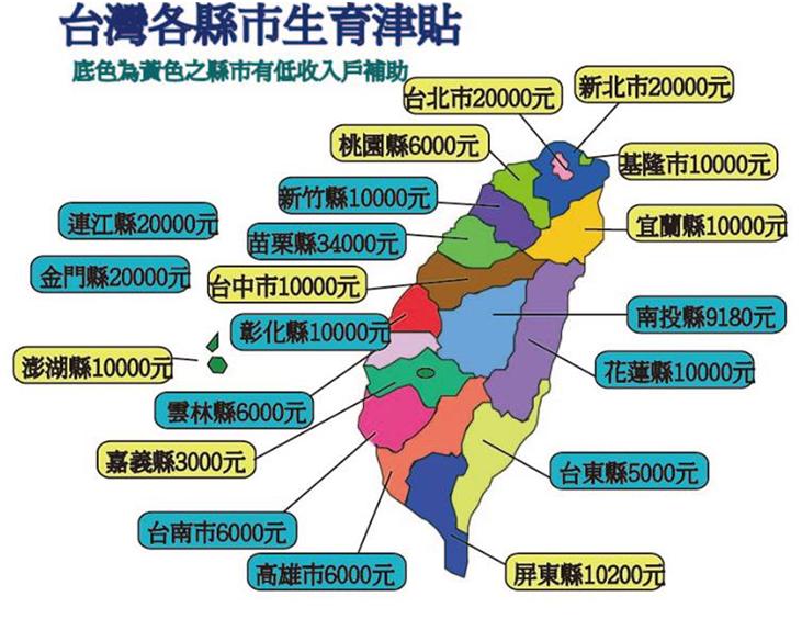 圖之2：台灣各縣市生育津貼   