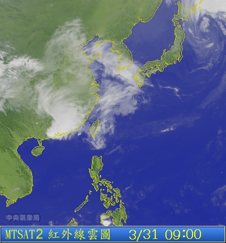 圖為3/31 9:00台灣的衛星雲圖。圖片來源：中央氣象局。   
