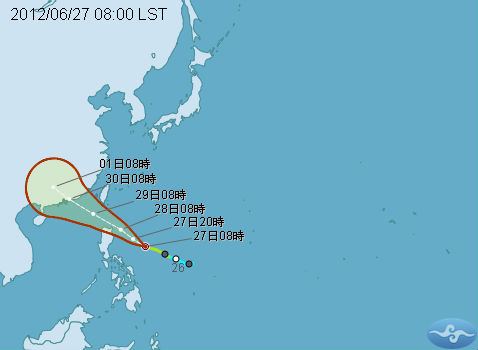 中央氣象局今天說，輕颱杜蘇芮目前的位置在台灣東南方處，目前暴風圈仍小，但不排除有掃過台灣南部的可能性。最快28日颱風將影響台灣。圖片來源：翻攝自中央氣象局網站。   