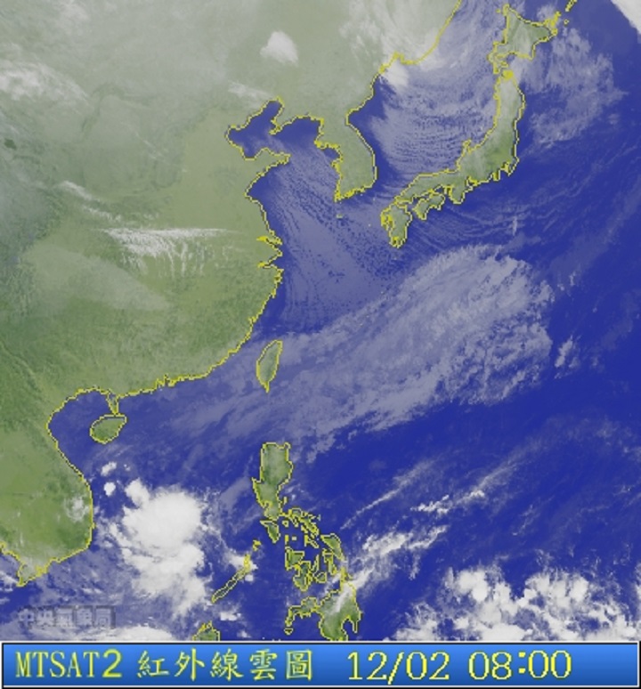 圖為12/02 8:00衛星雲圖。圖片來源：中央氣象局。   