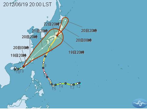 中央氣象局19日晚上11點30分發布陸上颱風警報，呼籲全台以及金門、澎湖地區應嚴加戒備並防強風豪雨。圖為泰利颱風路徑圖。圖片來源：中央氣象局   