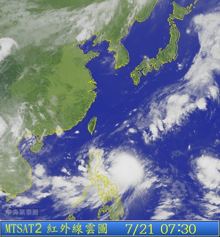 圖為7/21 7:30台灣的衛星雲圖。圖片來源：中央氣象局。   