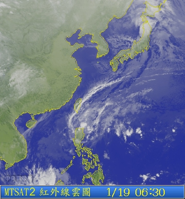 圖為1/19 6:30衛星雲圖。圖片來源：中央氣象局。   