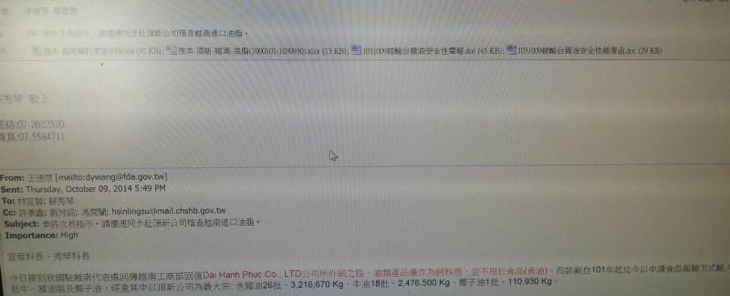 食藥署北區管理中心王德原10月9日17:49發給南區管理中心的林宜蓉、蘇秀琴的email。圖3之1：翻攝自段宜康臉書。   