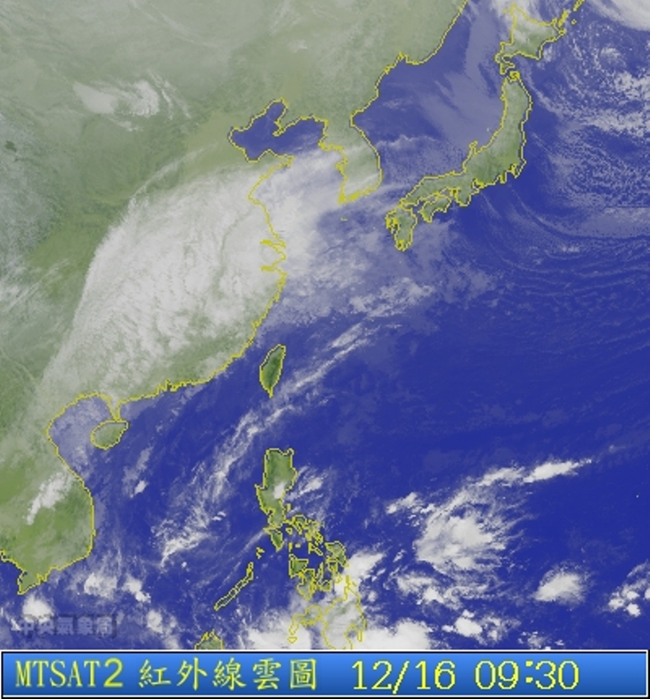 圖為12/16 9:30台灣的衛星雲圖。圖片來源：中央氣象局。   