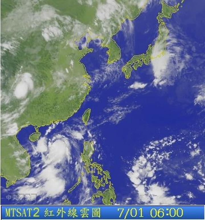 圖為7/1 6:00台灣的衛星雲圖。圖片來源：中央氣象局。   