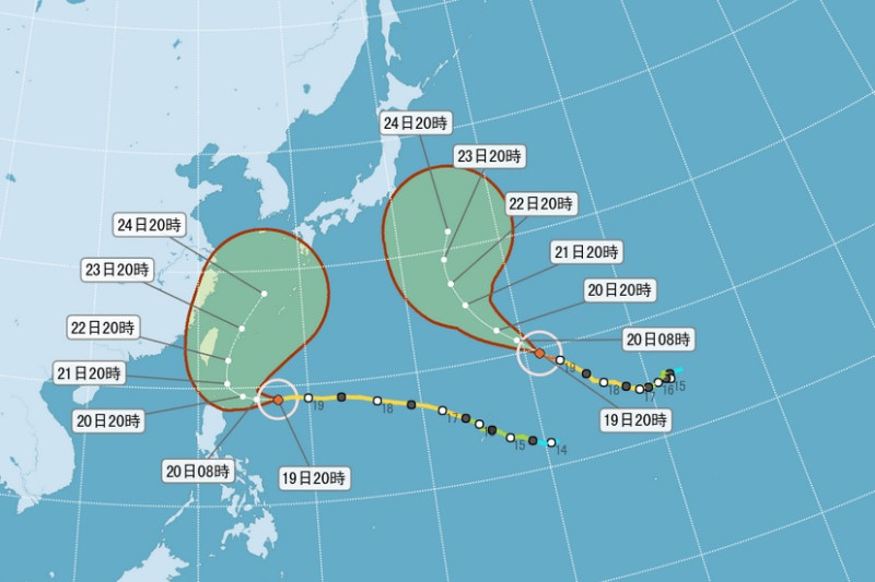 中央氣象局19日晚間預測，中颱天鵝仍有機會在20日增強為強颱，若路徑與速度無太大變化，最快20日中午發布海上警報。圖：翻攝自氣象局官網   
