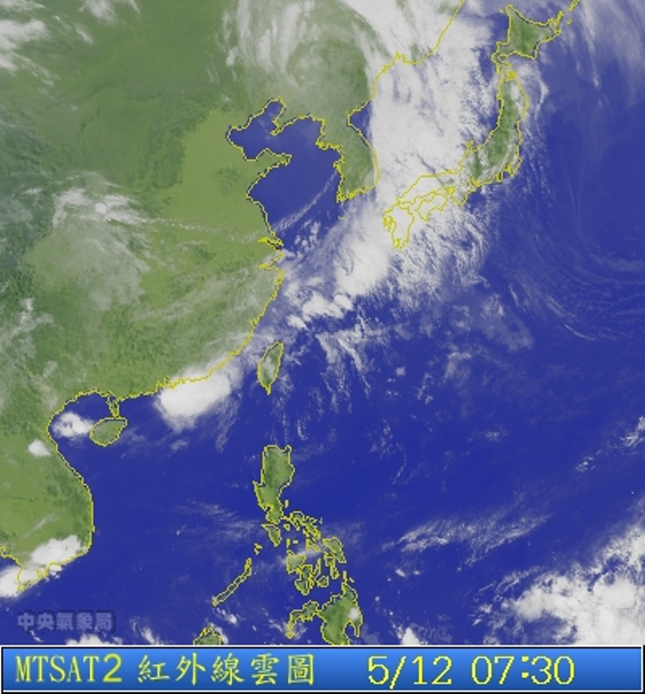 圖為5/12 7:30台灣的衛星雲圖。圖片來源：中央氣象局。   