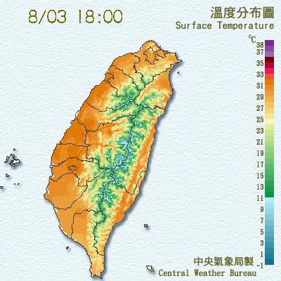 圖為3日下午六6點全台氣溫分布圖。圖：中央氣象局   