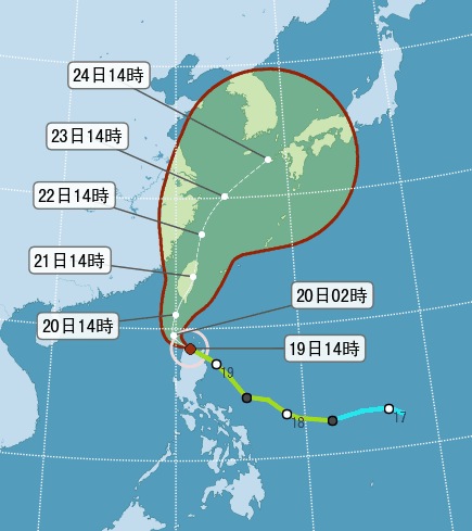 輕颱鳳凰逐漸增強，中央氣象局預計於今(19)晚8時30分發布海上陸上颱風警報。圖：中央氣象局提供   