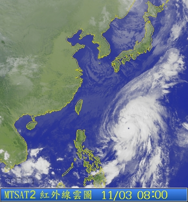 圖為11/03 8：00衛星雲圖。圖片來源：中央氣象局。   