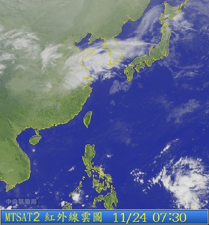 圖為11/24 7:30衛星雲圖。圖片來源：中央氣象局。   