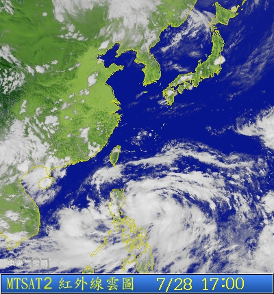 中央氣象局下午五點公布的台灣氣象圖。圖片來源：中央氣象局。   