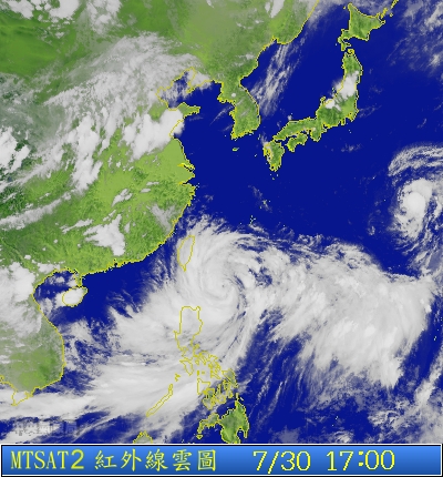 中央氣象局今天下午表示，晚間8點半將發布海上颱風警報，輕颱蘇拉是否會登陸，則需再觀察。圖片來源：翻攝自中央氣象局網站。   