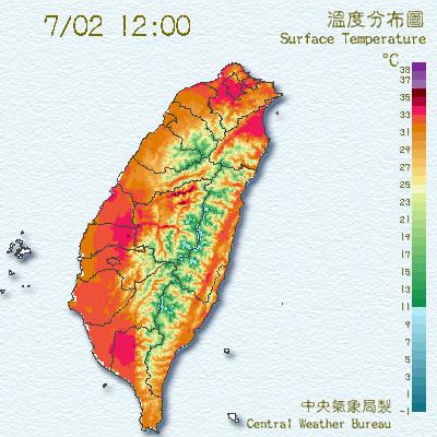中央氣象局今天說，關島附近海面的熱帶性低氣壓應該不會增強為颱風，但民眾需防範近日的高溫。圖片來源：翻攝自中央氣象局網站。   