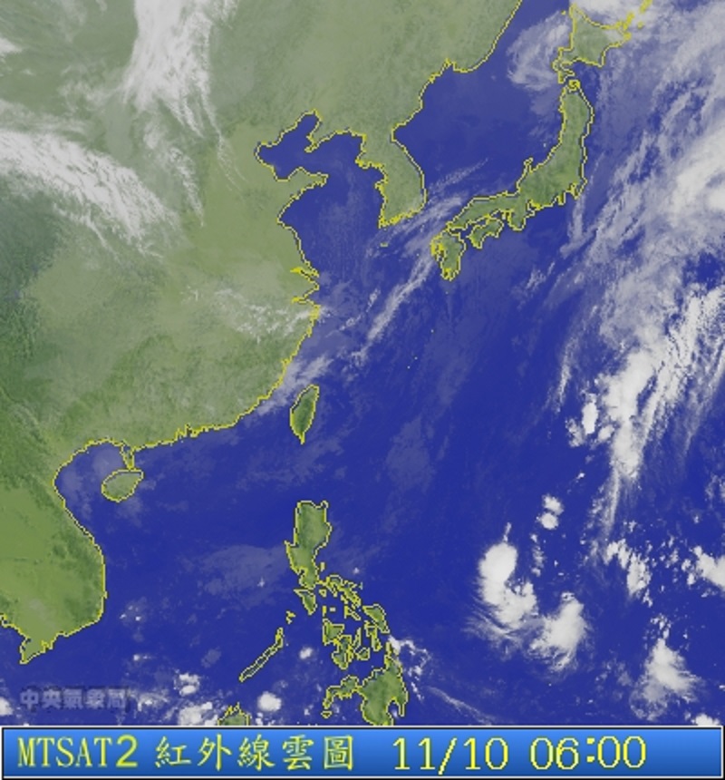 圖為11/10 6：00衛星雲圖。圖片來源：中央氣象局。   