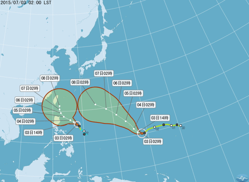 今年第9、第10號颱風昌鴻及蓮花先後形成，預估蓮花外圍雲系5日起影響台灣。圖：翻攝自中央氣象局網站   
