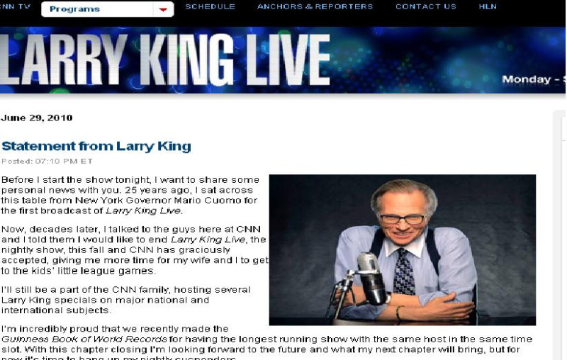 CNN的網站，美國時間29日也同步刊出 Larry King的聲明，宣布他將結束主持25年的談話節目「Larry King Live」。圖片來源：翻攝自CNN網站。   