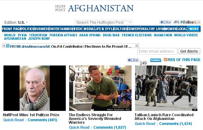 網路媒體《赫芬頓郵報》（The Huffington Post）以系列報導探討從伊拉克和阿富汗回國的美軍所面對的困難，獲得普立茲「國內報導獎」(National Reporting)。圖片來源：翻攝自網路。   