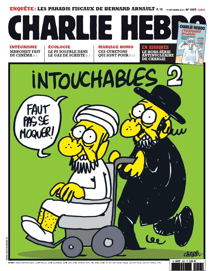 《查理周刊》2012年刊登諷刺伊斯蘭教的漫畫。借用電影《無法觸及》的劇情，一個猶太人推著一個穆斯林，題目為：《無法觸及2》。此舉不僅重新挑起了穆斯林和猶太民族的仇恨，還把無辜的法國人也牽連進來。圖：翻攝自《查理周刊》臉書。   