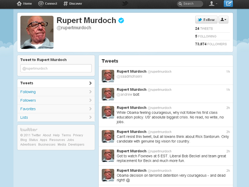 全球媒體大亨梅鐸（Rupert Murdoch）2011年歲末正式加入微網誌服務推特（tweetter）的行列，在12月31日搭上推特列車，寫下他的新年希望。圖片來源：翻設自梅鐸推特   