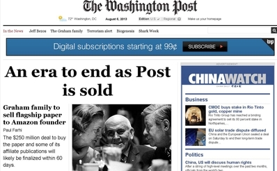「華盛頓郵報」（Washington Post）賣給網路企業家貝佐斯（Jeff Bezos）整整1年後於今天宣布，今年7月官網點閱率創該報史上最高紀錄。圖片來源：翻攝自網路。   