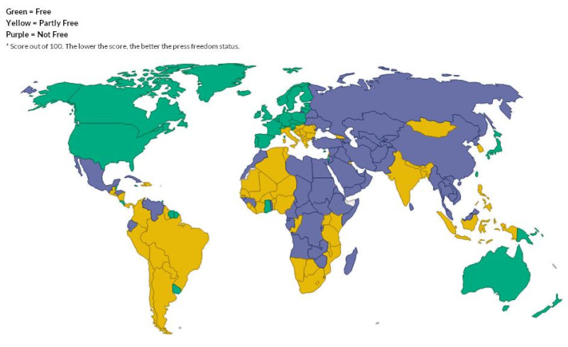 美國人權組織「自由之家」（Freedom House）於1日發布《2014全球新聞自由》年度報告，認為全球新聞自由度在去年降至過去10年來最低點。圖為新聞自由分布圖，綠色為新聞自由國家，黃色為部分新聞自由國家，紫色為沒有新聞自由國家。圖：翻攝自「自由之家」網站   
