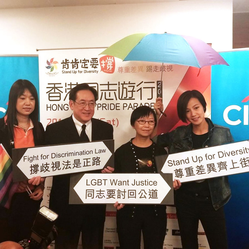 挺佔中的香港同志藝人何韻詩（右一）擔任今年第6屆香港同志大遊行的彩虹大使。圖：翻攝自香港同志遊行2014官方網站   