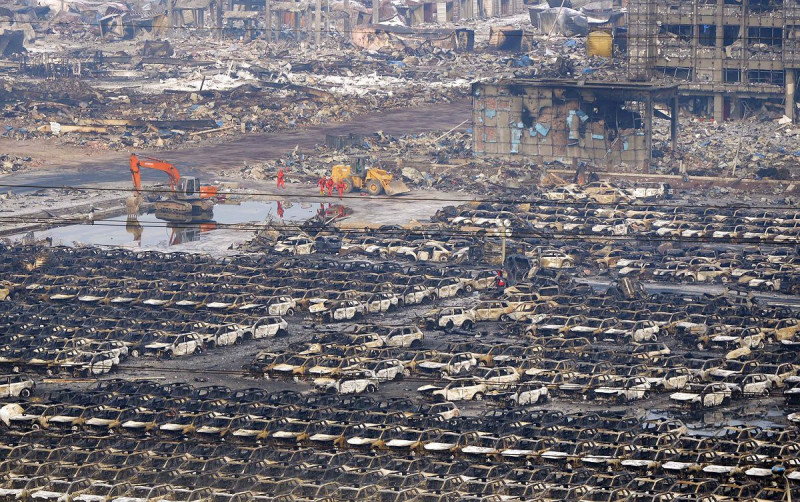中國天津濱海新區危險品倉庫12日大爆炸，據中國《央視》節目報導，爆炸中心區氰化鈉及神經性毒氣的濃度，16日達到最高值。圖片來源：達志影像/路透社資料照片   